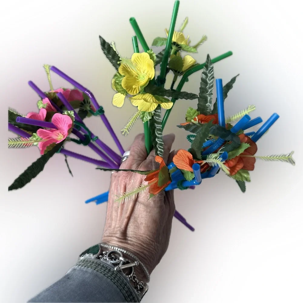 FLORAL FLOWER DECOR STRAWS LUAU HULA TEA DINNER BRUNCH PARTY DRINK BEVERAGE PINK